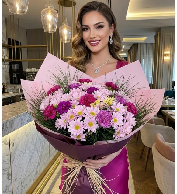 PEMBE MOR HARİKA ÇİÇEK BUKETİ